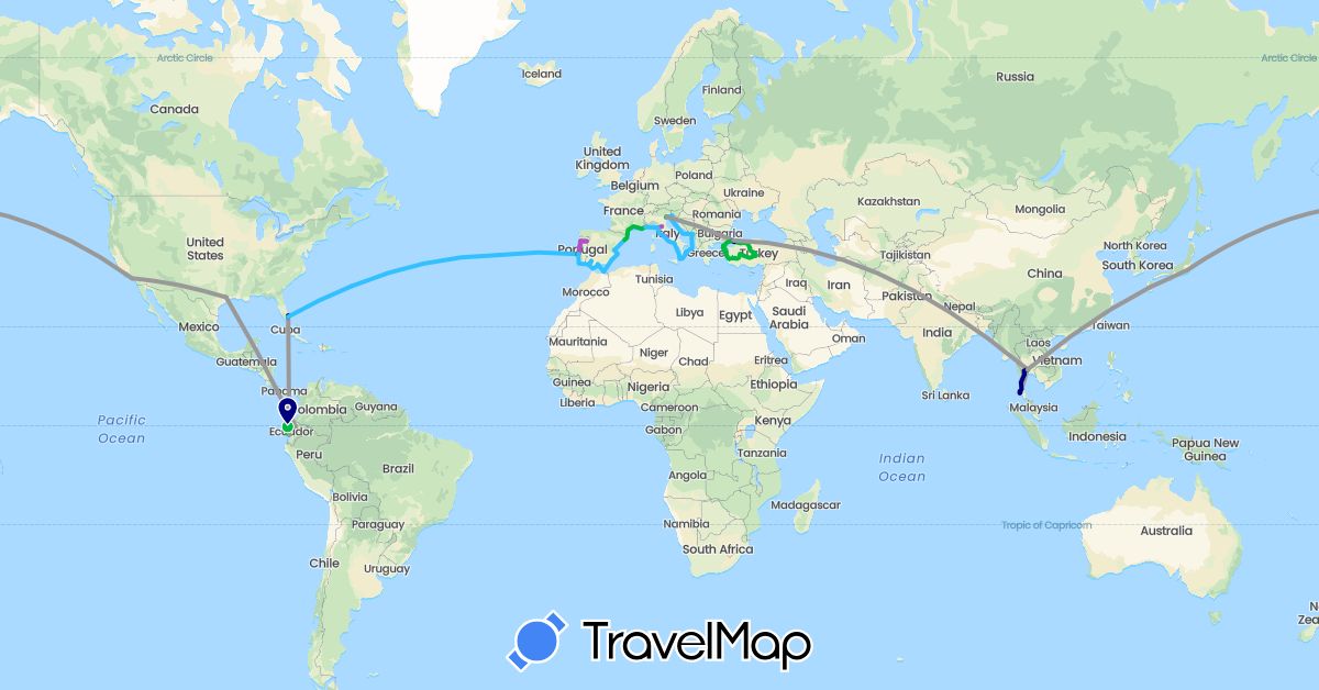 TravelMap itinerary: driving, bus, plane, train, boat in Bermuda, Ecuador, Spain, France, Italy, Japan, Montenegro, Portugal, Thailand, Turkey, United States (Asia, Europe, North America, South America)