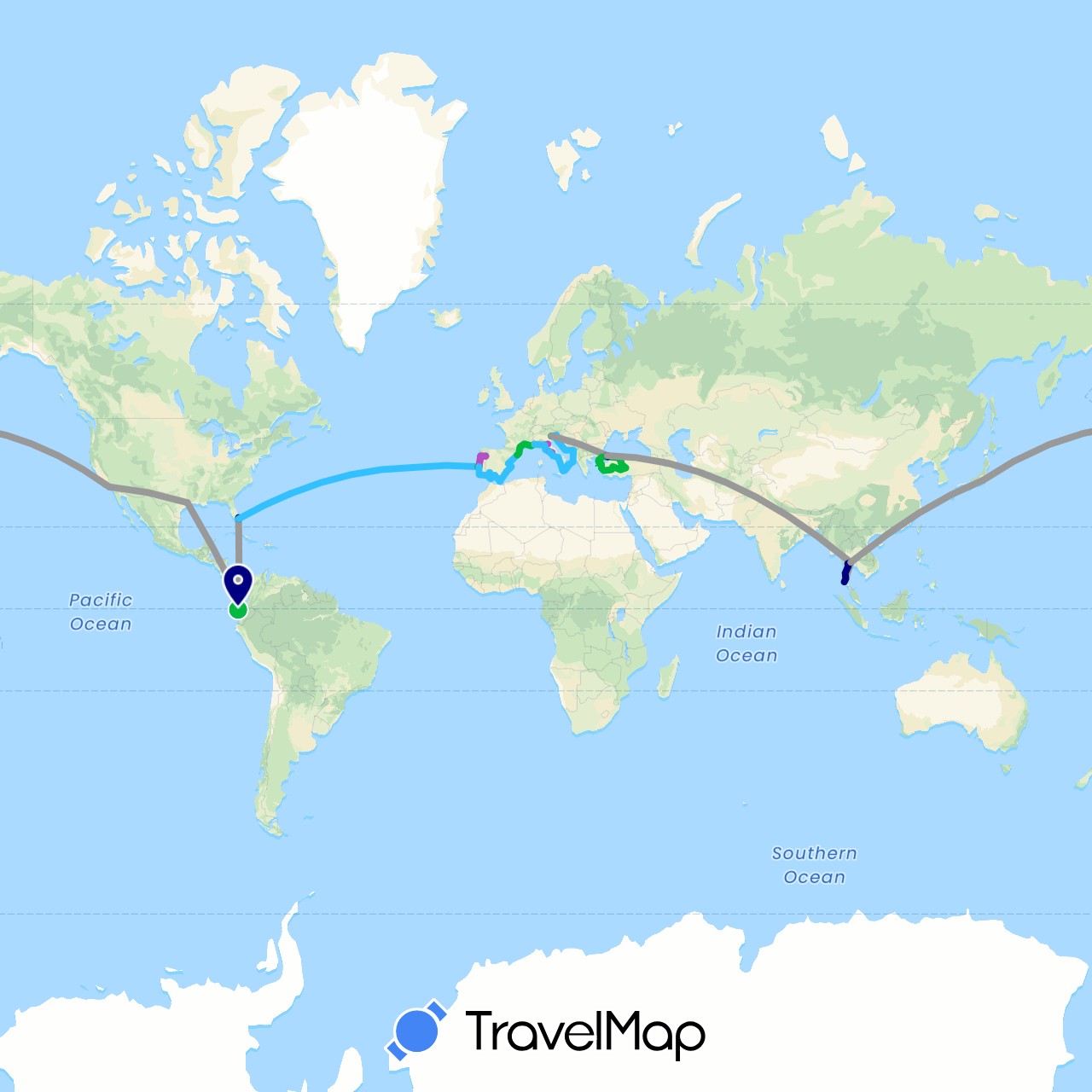 TravelMap itinerary: driving, bus, plane, train, boat in Bermuda, Ecuador, Spain, France, Italy, Japan, Montenegro, Portugal, Thailand, Turkey, United States (Asia, Europe, North America, South America)